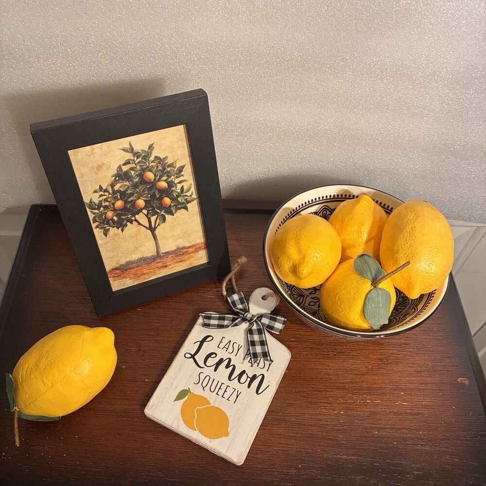 New 8 Piece Set Lemon Decorations, Framed Lemon Tree, Bowl, 5 Lemons, Ornament.